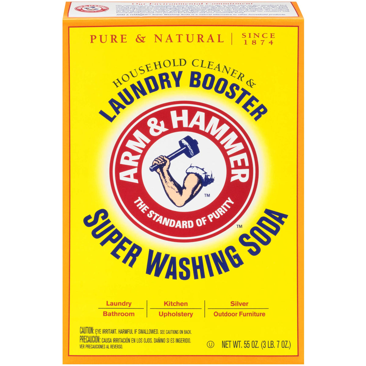 Arm & Hammer Pure Cleaning Booster in 55oz bottle, featuring white liquid and blue label for powerful stain and odor removal.