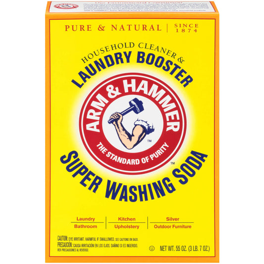 Arm & Hammer Pure Cleaning Booster in 55oz bottle, featuring white liquid and blue label for powerful stain and odor removal.