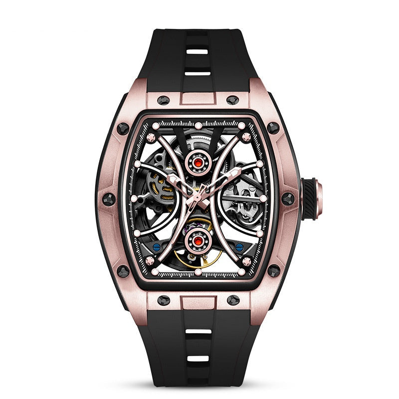 Waterproof luminous barrel men's watch with glowing hands and a dark round dial