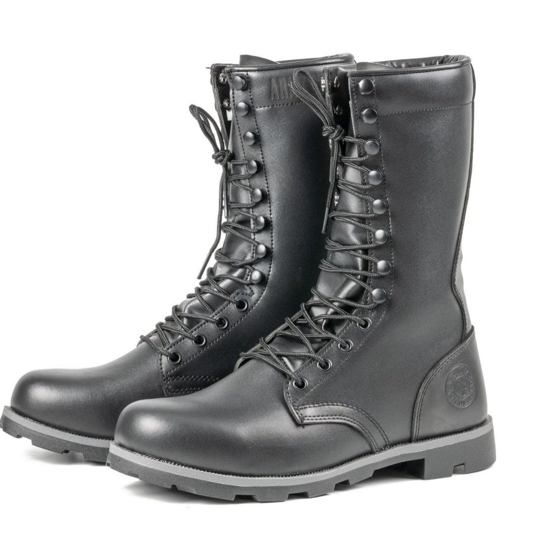 Black high-top tactical combat boots with raised desert tread and large-size design