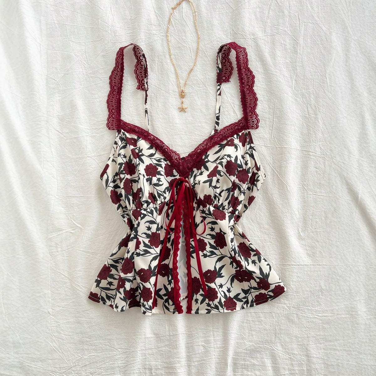 Lace-trimmed camisole with floral bow detail from My Store