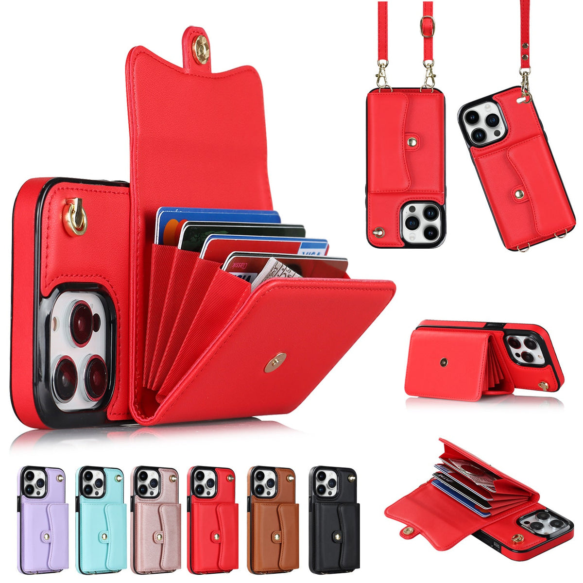 Crossbody card holder phone case with multi-function card slots and adjustable strap, black design