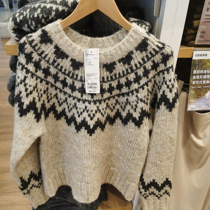 Women's thick-knit printed round-neck sweater with long sleeves for autumn and winter