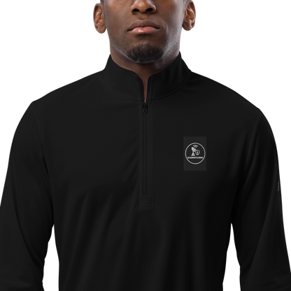 Men's Adidas quarter-zip pullover in navy, featuring a high collar and athletic fit, displayed on a neutral background.