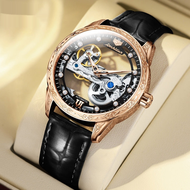 Openwork mechanical watch for men with waterproof leather strap, visible gears and classic dial design