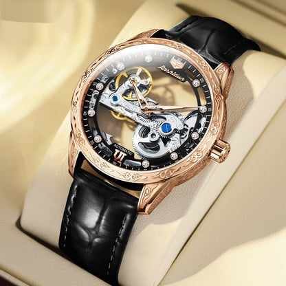 Openwork mechanical watch for men with waterproof leather strap, visible gears and classic dial design