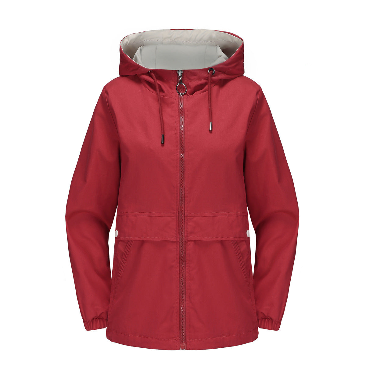 Women's hooded solid color trench coat in a classic longline style