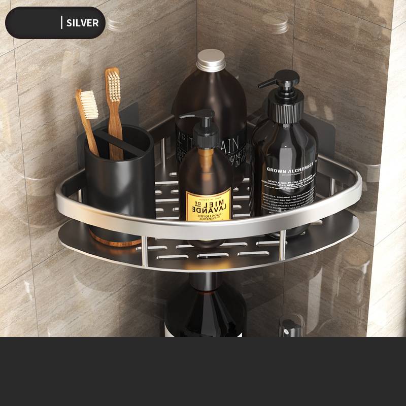 Black space aluminum rectangular wall shelf for bathroom or kitchen, dual-use hanging storage organizer