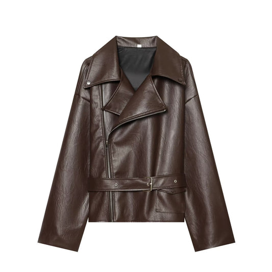 Elegant cropped leather jacket with lapel collar and lace-up details for workwear