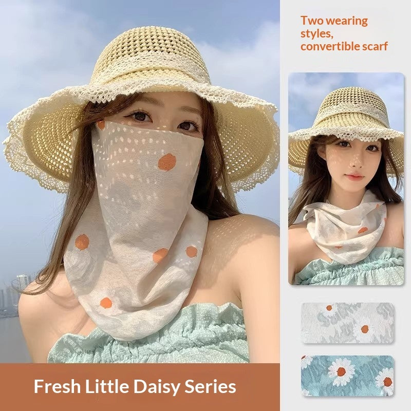 Women's summer UV-protective full-face mask in lightweight fabric, covering face and neck