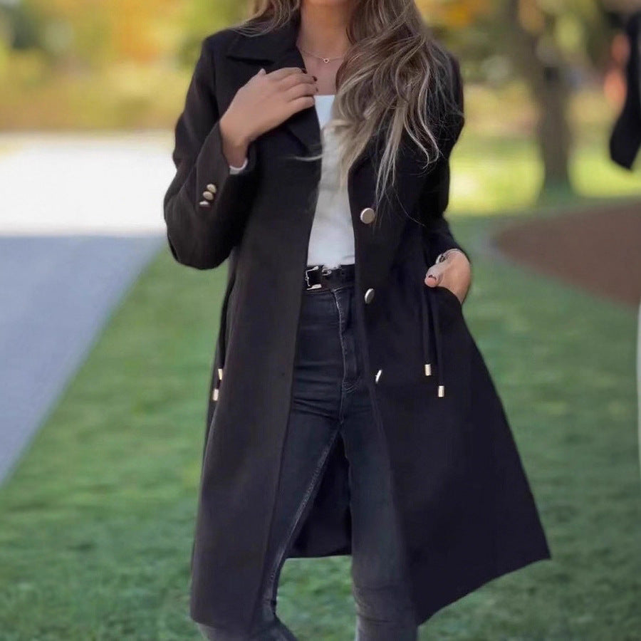 Women's solid-color mid-length wool coat with drawstring waist and pockets