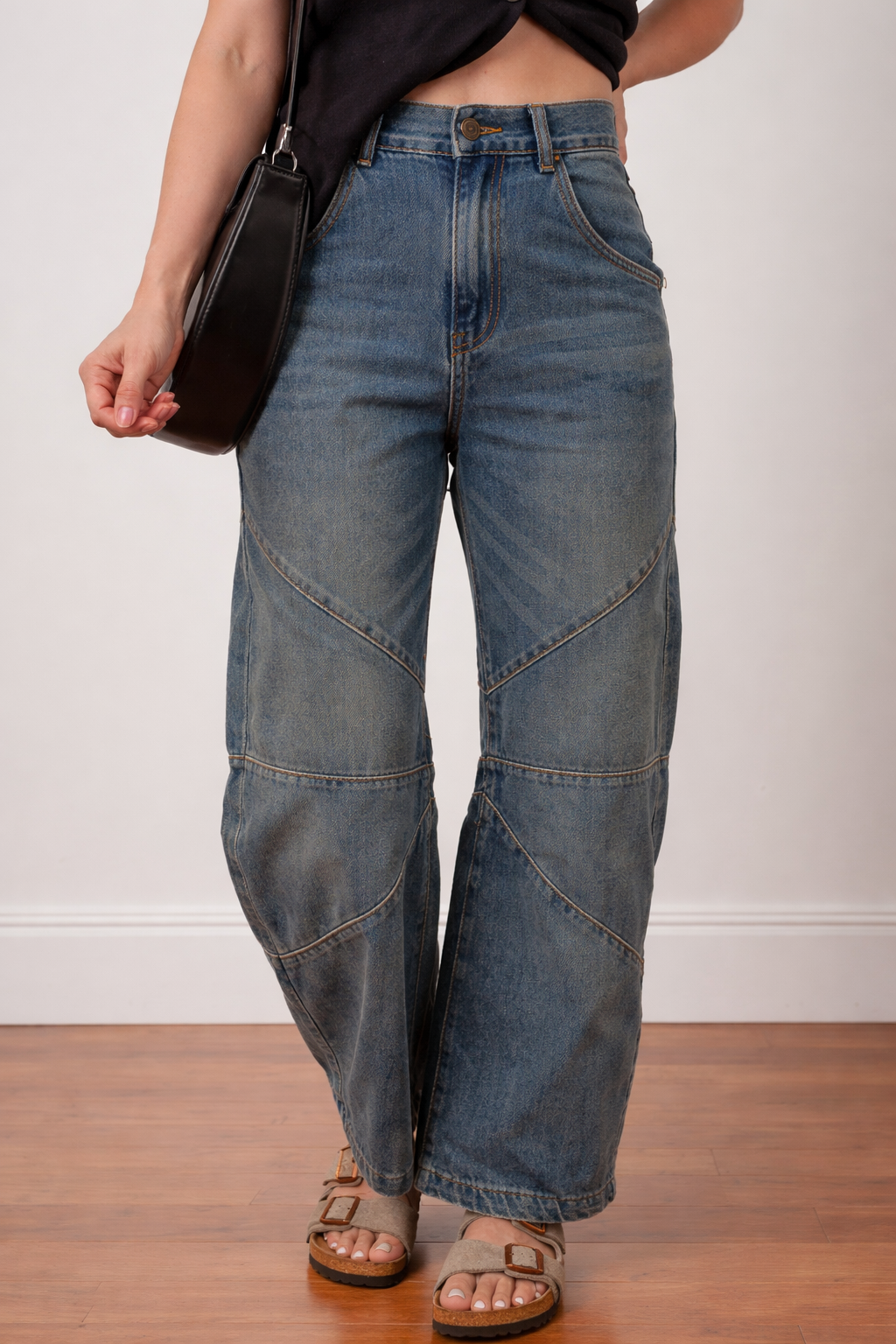 Light blue Alaya straight high waist jeans by Threaded Pear displayed on a plain background.