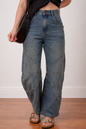 Light blue Alaya straight high waist jeans by Threaded Pear displayed on a plain background.