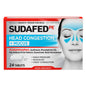 Sudafed PE Sinus & Mucus Relief Tablets in a 24-count package, featuring white tablets with blue markings.