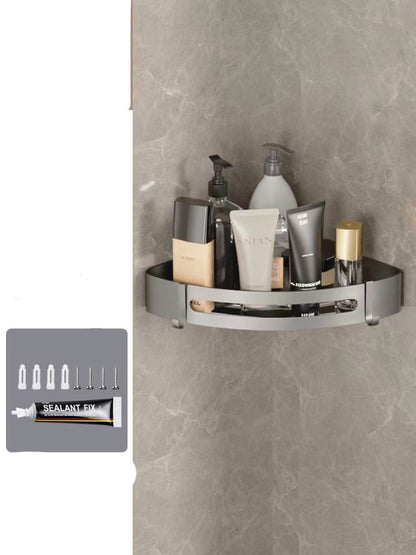 Triangle bathroom wall shelving with perforated design for hanging storage and organization