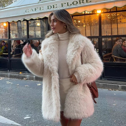Women's artificial fur warm thick coat in a plush neutral color