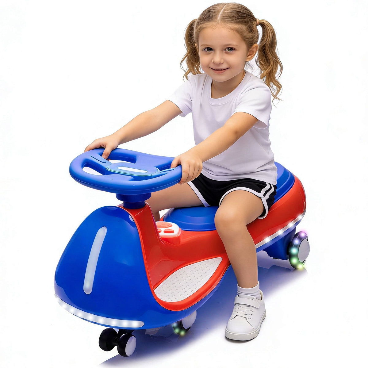 12V electric wiggle ride-on car by GBruno Store with dual motors and LED lights, featuring a fun, colorful design for kids.