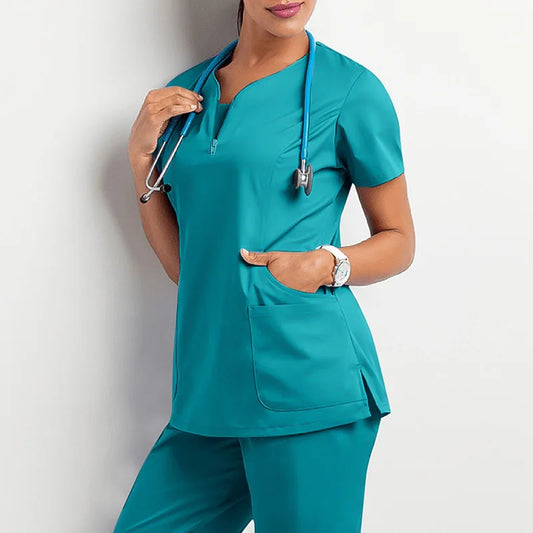 BACKUPMYFILESNOW® ProComfort pharmacy uniform with navy scrubs and matching top, featuring front pockets and comfortable fit.