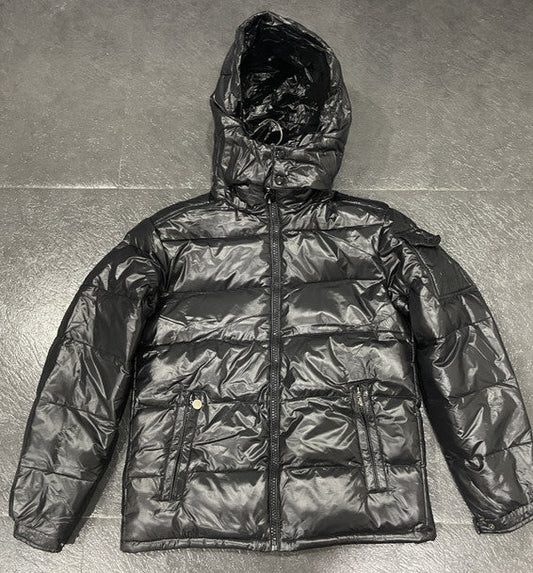 Men's white duck down winter jacket with split cap and shiny finish