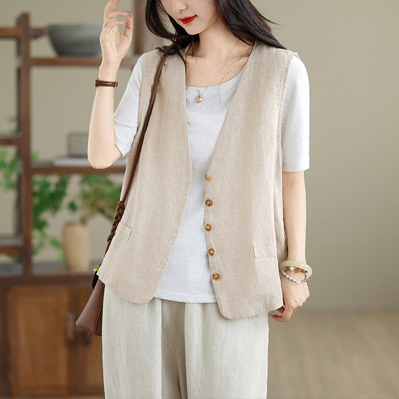 Women's summer artistic cardigan outer vest in lightweight fabric, front view