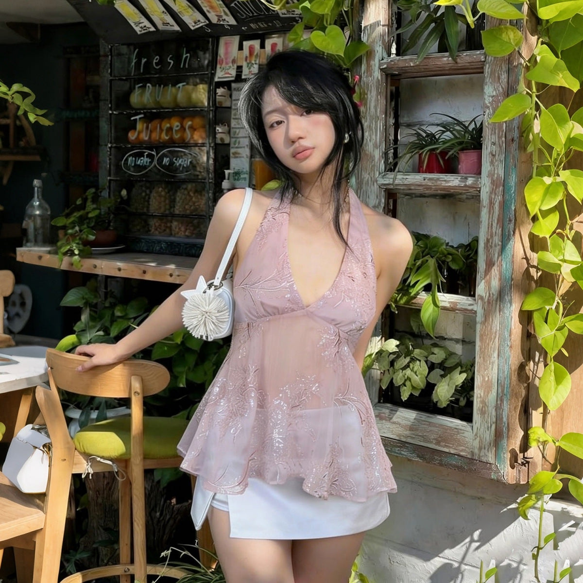 Deep-V halter floral mesh hollow-out slim-fit camisole top in a figure-flattering design