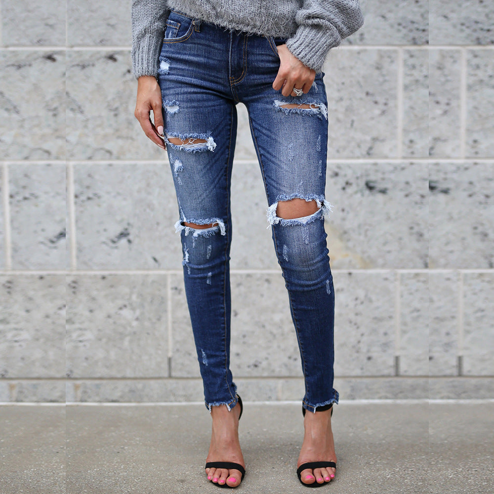 Ladies' chic denim trousers by BACKUPMYFILESNOW® featuring classic blue denim, fitted waist, and straight-leg design.