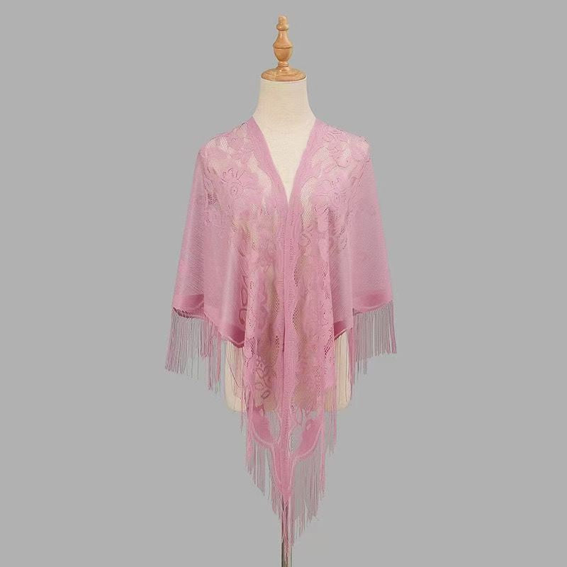 Women's breathable lace triangle shawl with floral design, shown in a delicate openwork pattern