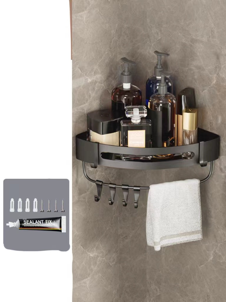 Triangle bathroom wall shelving storage rack with perforated design and simple hanging structure