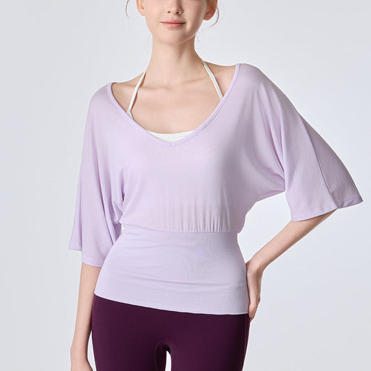 Women's loose-fitting short-sleeve yoga T-shirt with drape effect and waist-cinching casual fit