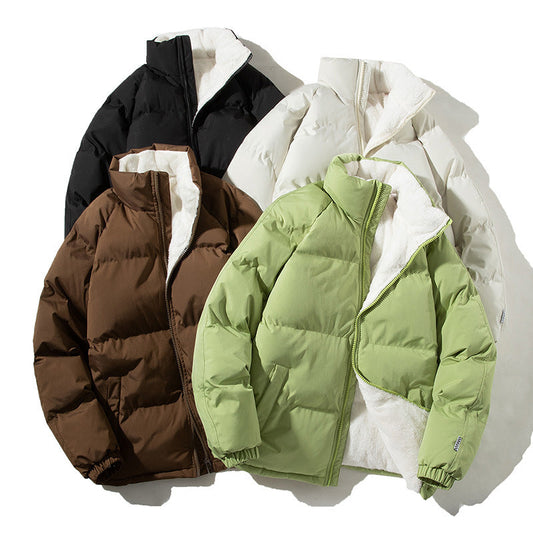 Couples stand-up collar winter coat with pockets, plush thickened jacket for women and men