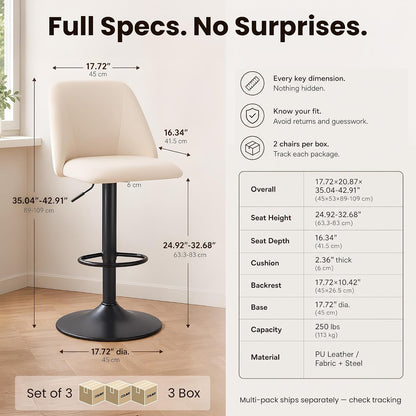 Beige Adjustable Swivel Counter Height Barstools Set of 3
