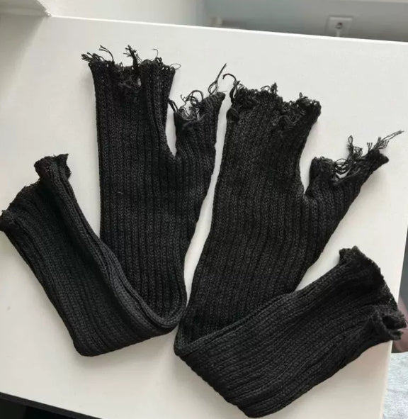 Black tattered punk unisex fingerless cuff knit gloves, pair of textured arm warmers