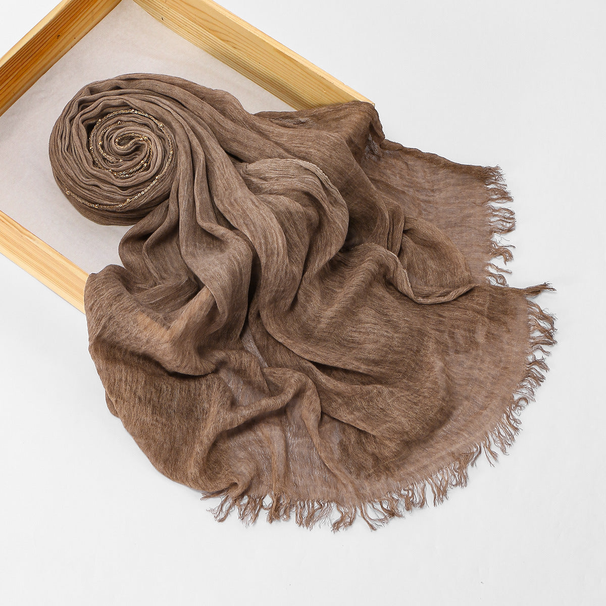 Rayon crinkle long scarf with chain pattern and fringed edges, cross-border arrival collection