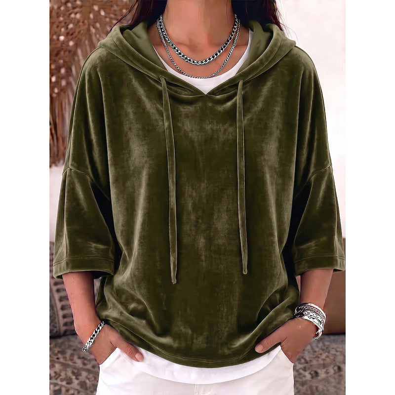 Solid-color three-quarter-sleeve velvet hoodie with drawstring detail; My Store apparel product image