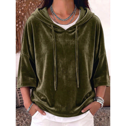 Solid-color three-quarter-sleeve velvet hoodie with drawstring detail; My Store apparel product image