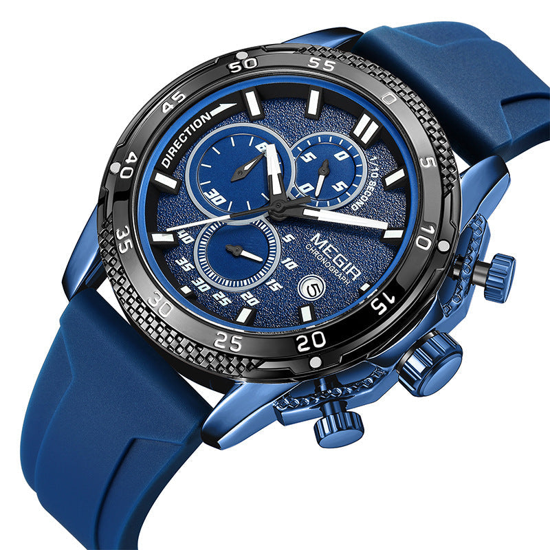 Multifunctional three-eye chronograph watch with black silicone strap and detailed analog dial