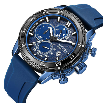 Multifunctional three-eye chronograph watch with black silicone strap and detailed analog dial