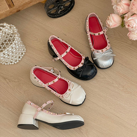 Women's French ballet Mary Jane shoes with shallow bow and rivet detail-foldable design
