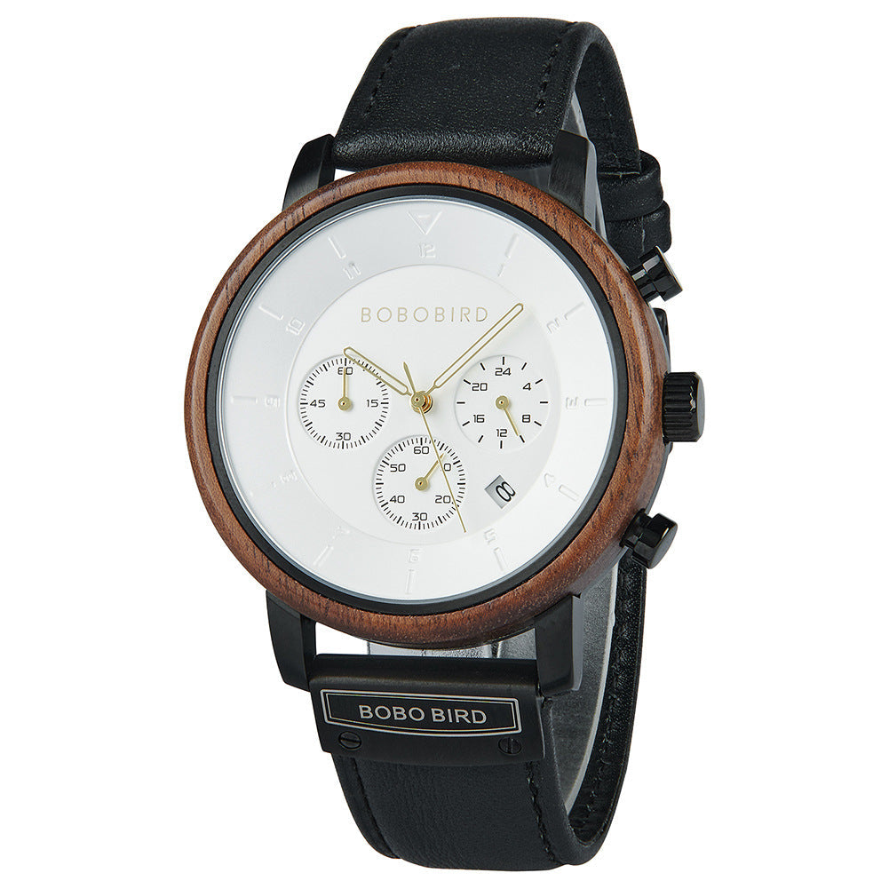 Wooden men's vintage watch with natural wood grain and classic analog dial