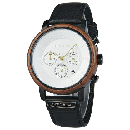 Wooden men's vintage watch with natural wood grain and classic analog dial