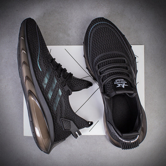 Men's breathable fly woven shock absorption sports casual shoes in black and white mesh with cushioned sole