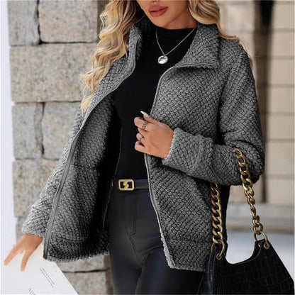 Women's padded fleece-lined zip-up jacket with pockets and lapel, front view