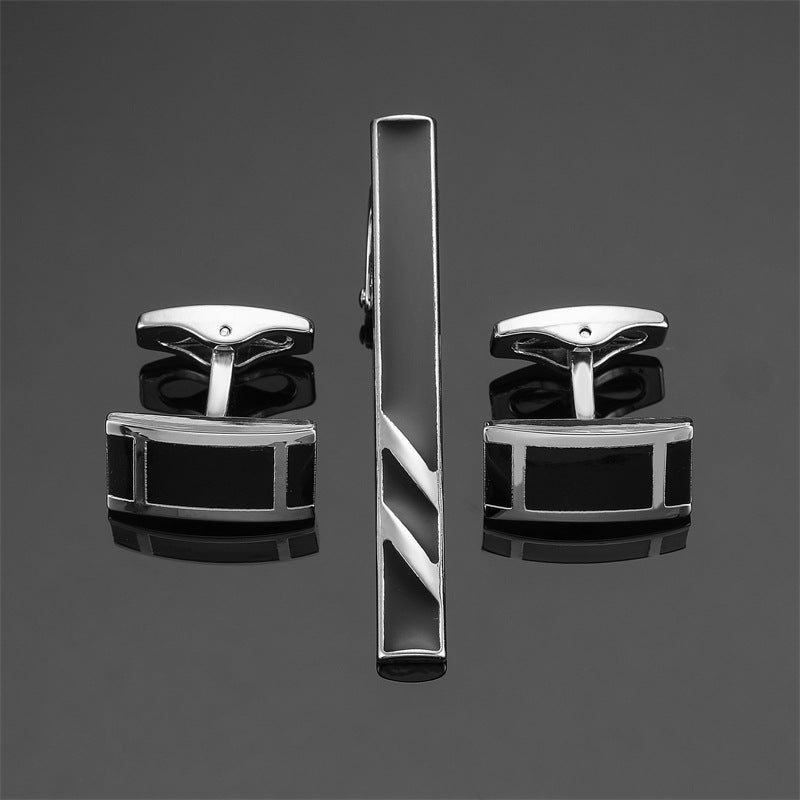 Black enamel silver diagonal stripes tie clip and cuff buckle set by My Store