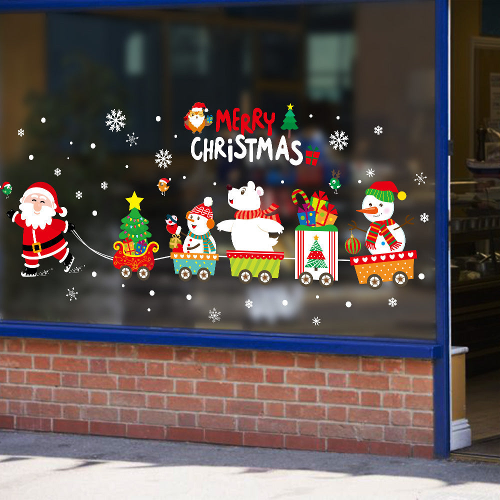 Christmas decorations store window stickers displayed on a glass window