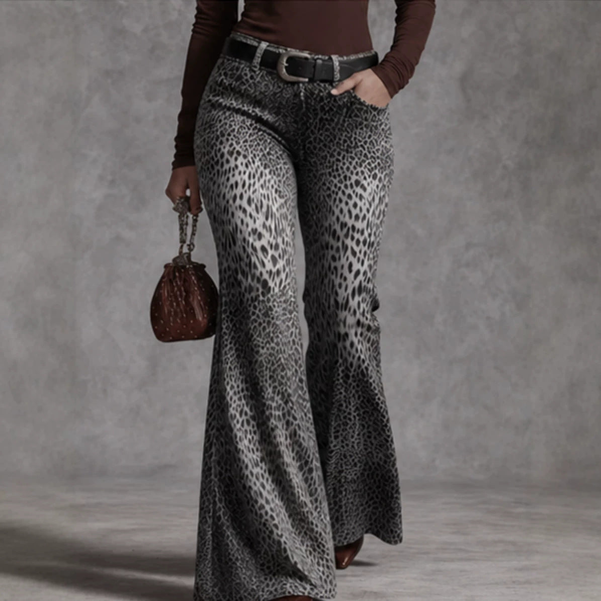 Women's retro leopard-print high-waisted flare pants, shown in full length