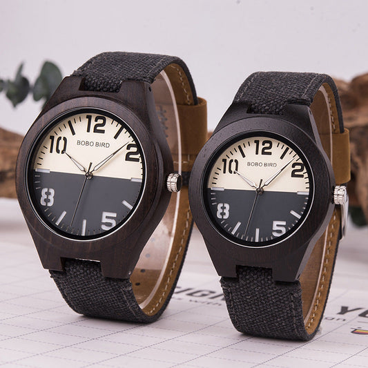 Men's fashionable distinctive wooden watch with natural wood grain and classic round dial