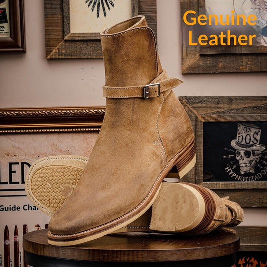 American-style vintage pointed-toe men's suede boots in brown leather cowboy design