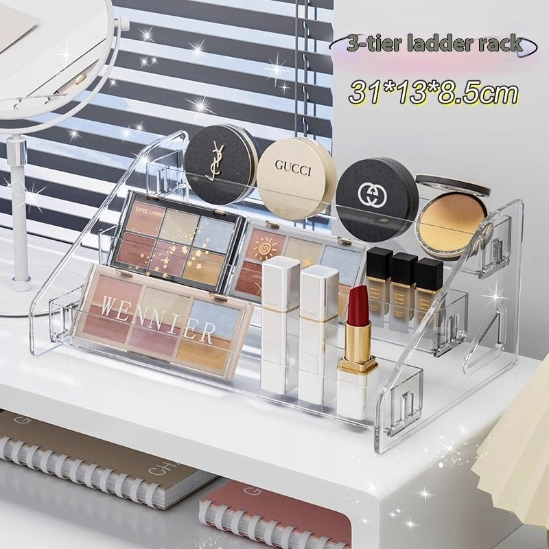 Transparent plastic cosmetics storage box with compartments for makeup and beauty products