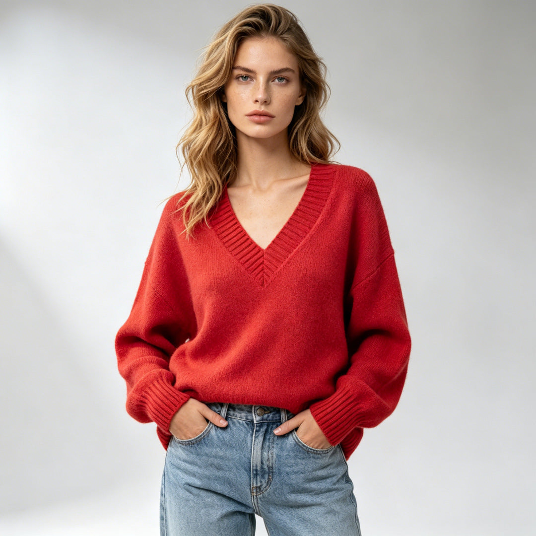 Women's loose-fit V-neck casual all-match knit sweater in a relaxed silhouette