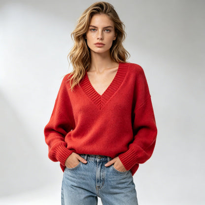 Women's loose-fit V-neck casual all-match knit sweater in a relaxed silhouette
